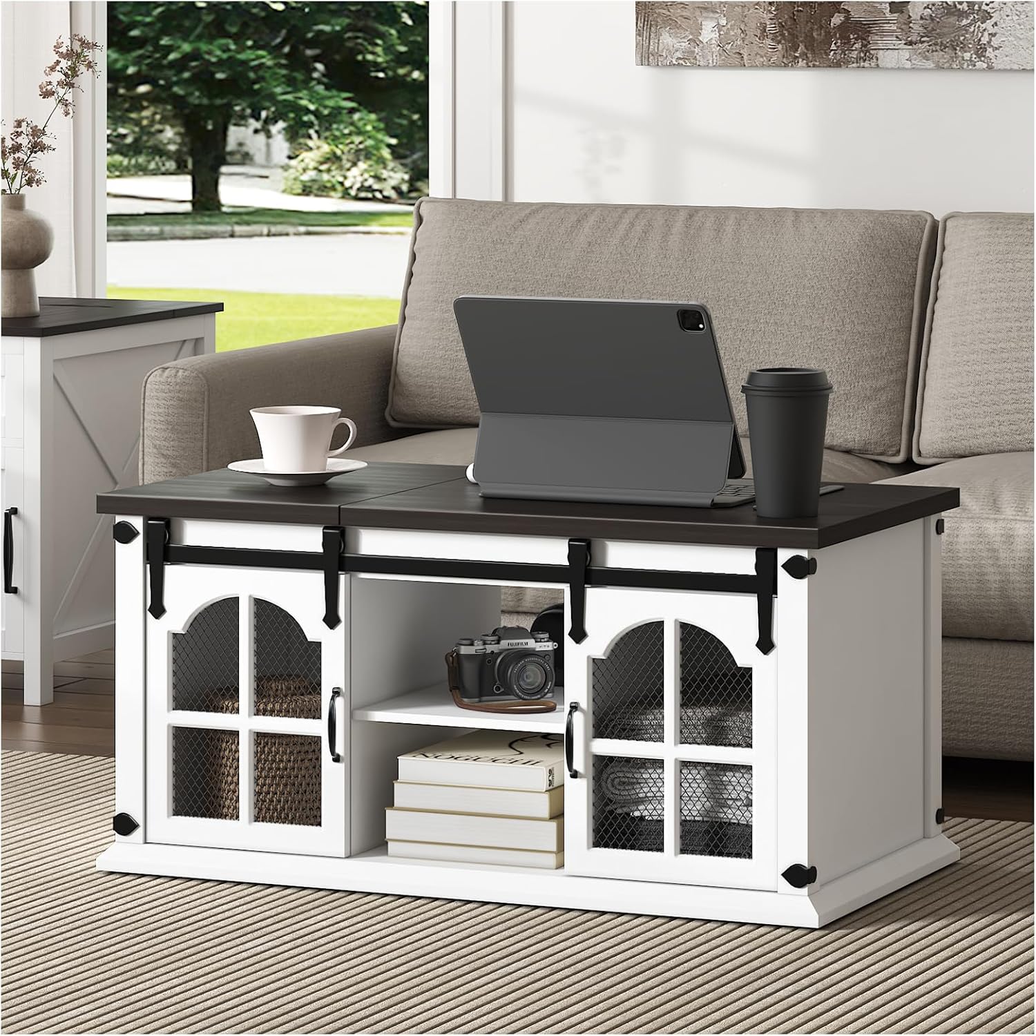 Lift Top Coffee Table with Storage,Farmhouse Coffee Table with Sliding Barn Door,Rustic Center Table with Shelves,Wood Storage Coffee Table with Lifting Top for Living Room,Office,White