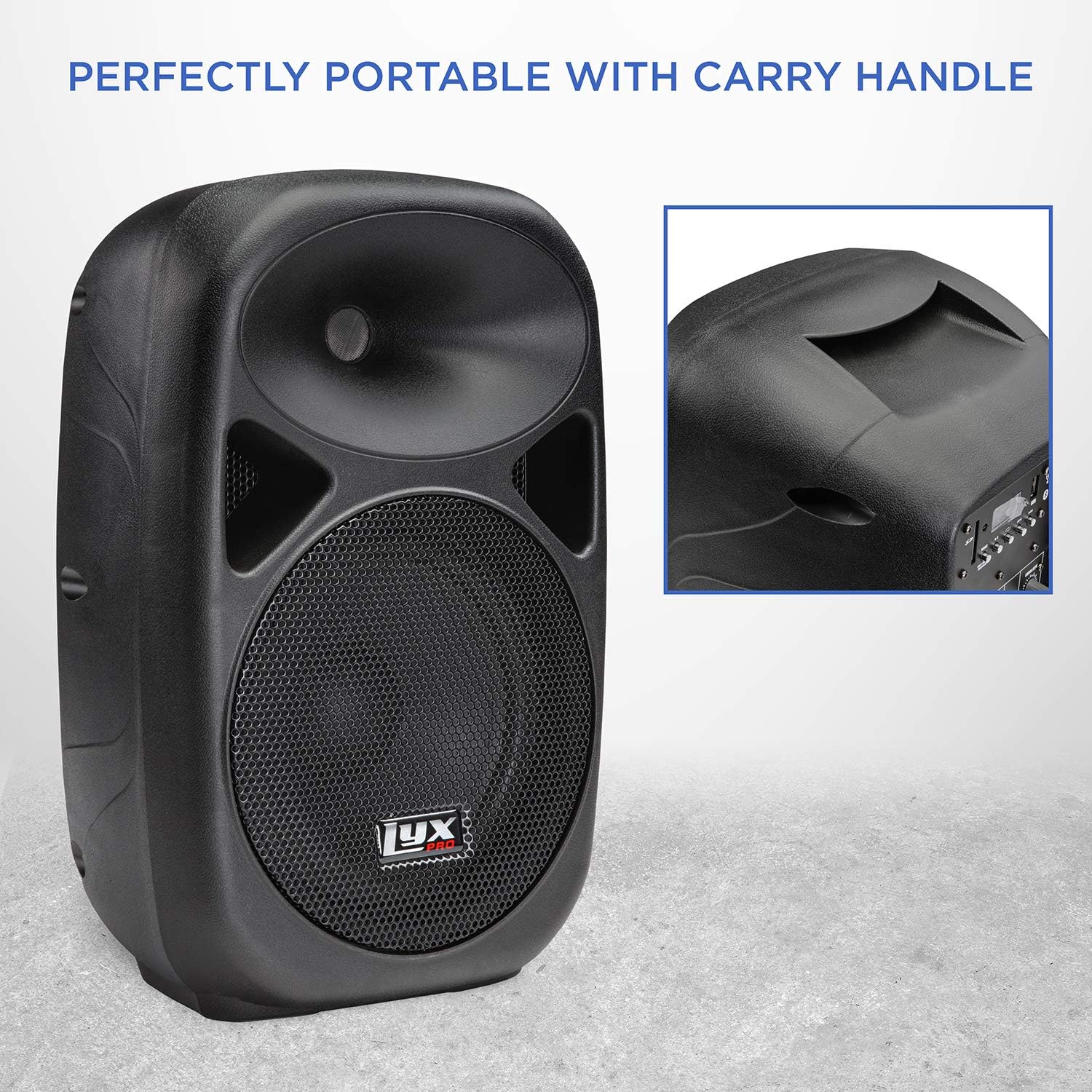 LyxPro SPA15 15 Portable PA Speaker System With Metal Tripod Stand Combo Kit Power Active Power Amplifier Equalizer Bluetooth SD Slot USB MP3 XLR 1/4 1/8 3.5mm Inputs Remote Control Carry Handles