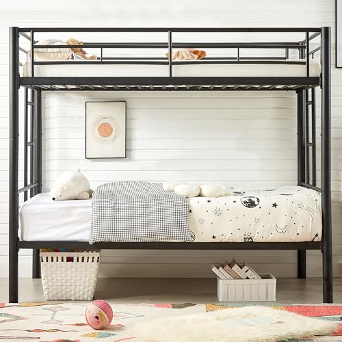 VECELO Metal Loft Bed Twin Size, Heavy Duty Bedframe with Removable Ladder and Safety Guardrail, Space-Saving, Noise Free, No Box Spring Needed, Off White