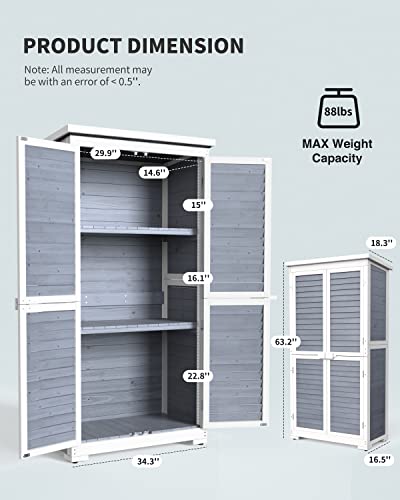 Gizoon Outdoor Storage Cabinet with 3 Shelves, Double Lockable Wooden Garden Shed with Waterproof Roof, Outside Vertical Tall Tool Shed for Yard Patio Lawn Deck-Natural