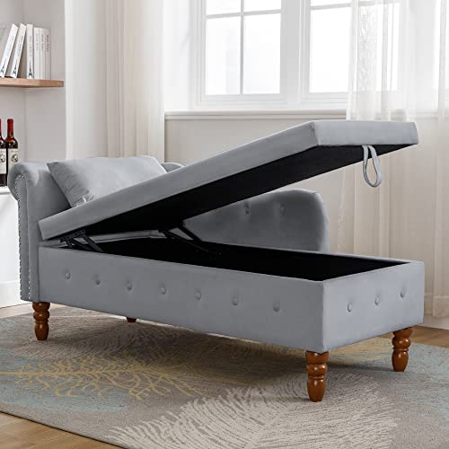 58" Modern Velvet Chaise Lounge Indoor,Upholstered Lounge Chair with Storage & Pillow, Rolled Arm Lounge Sofa for Living Room Bedroom Office (Gray)