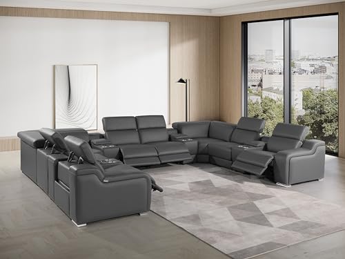 Ibero 12-Piece Italian Leather Sectional Sofa Set with 4 Recliners, Power Adjustable Headrests, USB and Wireless Phone Charger and Console Storage, Light Gray