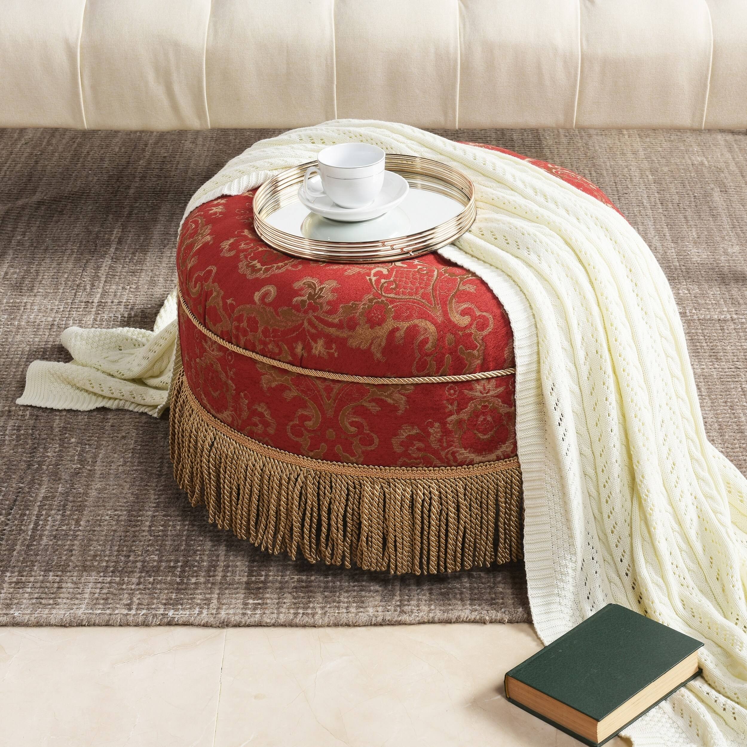 Vienna 24x22 Jacquard Decorative Round Ottoman Footstool (Red u0026 Gold)