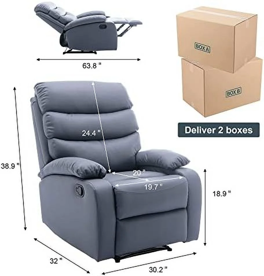 NLIBOOMLife Recliner Chair for Living Room  Manual Recliner with Micro Leather  Overstuffed Single Sofa  Easy to Operate Footrest &amp; Headrest  Suitable for Small Spaces- Cerulean Blue