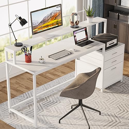 Tribesigns 63 Inch Computer Desk with File Drawer Cabinet, Ergonomic Office Desk with Monitor Stand, Industrial Computer Table with Printer Space, Wood PC Table Workstation Desk for Home Office