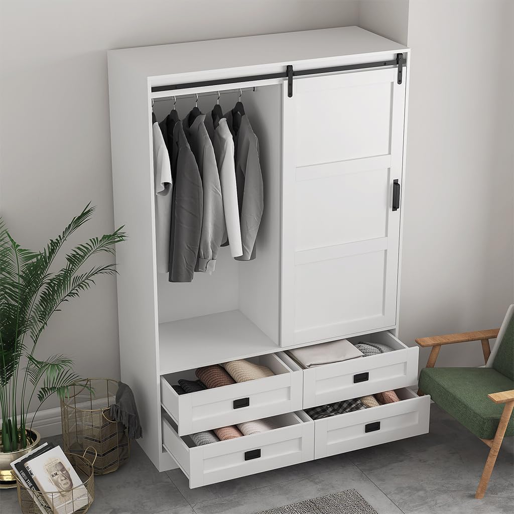 Solid Wood Armoire Wardrobe Closet, Large Wardrobe Cabinet with Sliding Barn Door, 4 Drawers, 3 Adjustable Shelves & Hanging Rod, Freestanding Wooden Closet for Bedroom, 47.3"W x 70.9" H x 20.5"D