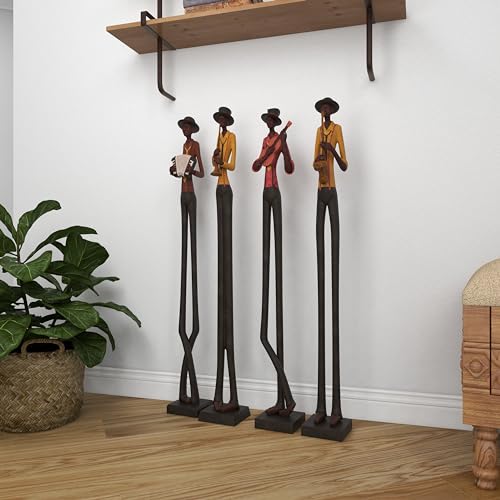 Deco 79 Polystone Musician Decorative Sculpture Tall Long Legged Jazz Band Home Decor Statues with Black Base Stand, Set of 4 Accent Figurines 5"W, 40"H, Brown