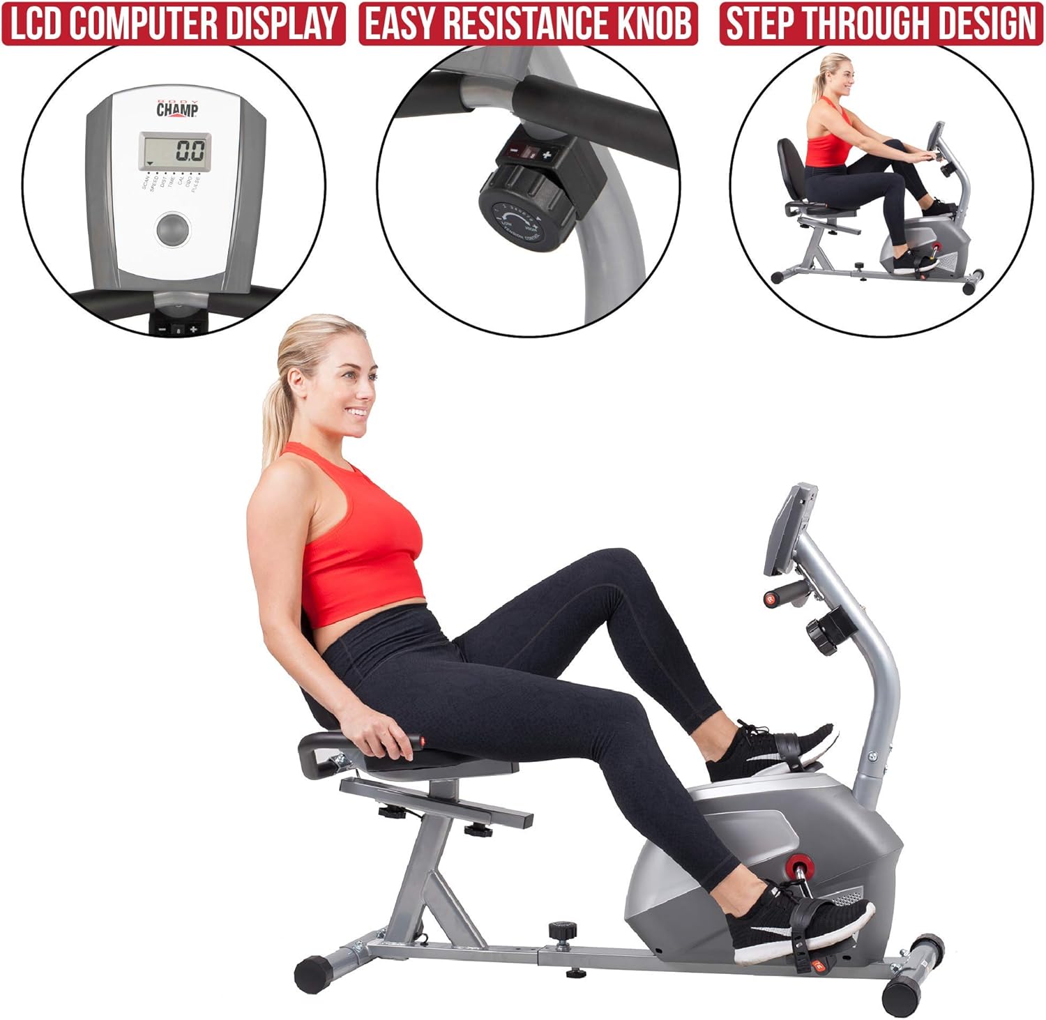 Body Champ Magnetic Recumbent Exercise Bike, Low-Impact Exercise Indoor Cycling Bike for Cardio Fitness, Equipment for Home Gym BRB852, Black/Silver, one Size