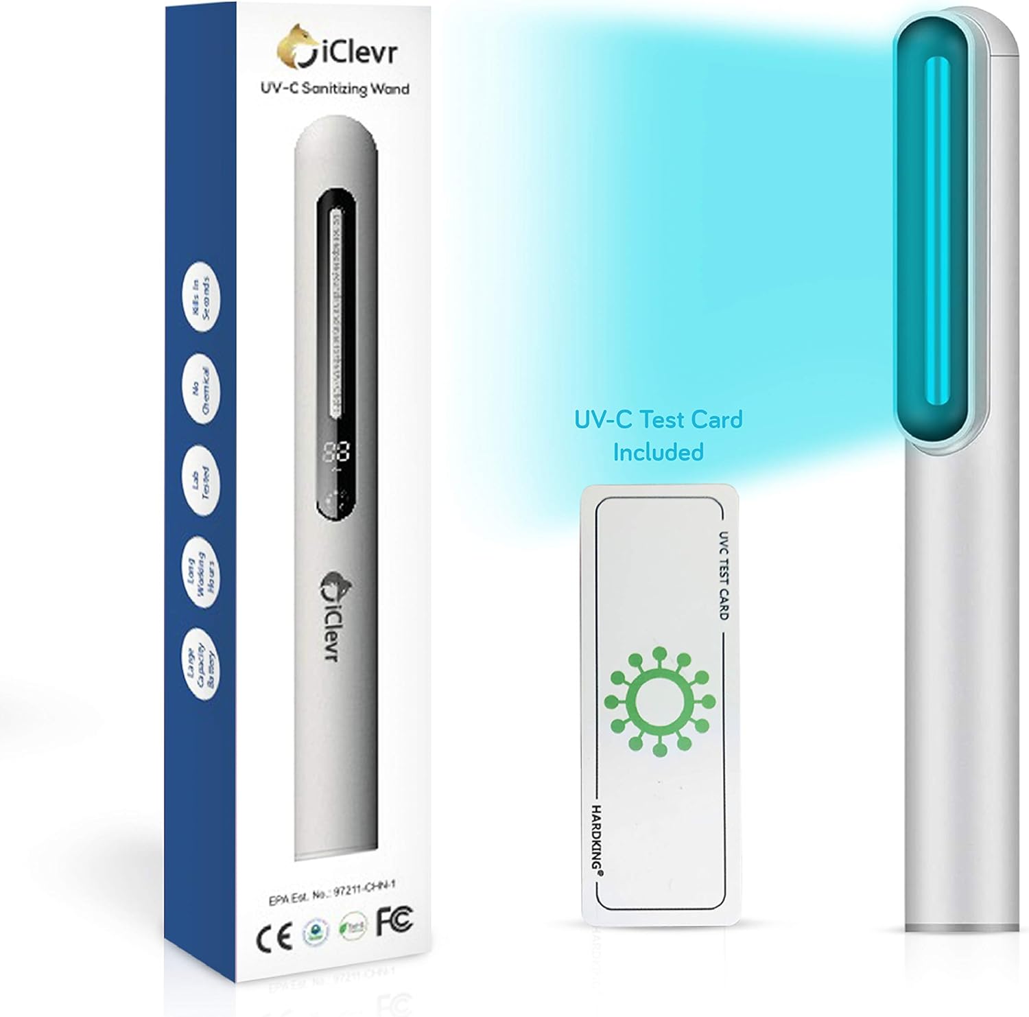 UV-C Light Sanitizer Wand - Powerful 253nm UV Sterilizer Rechargeable Handheld Ultraviolet Portable 99.99% Disinfection for Home, Office, Travel - Total Transparency UVC Test Card Included