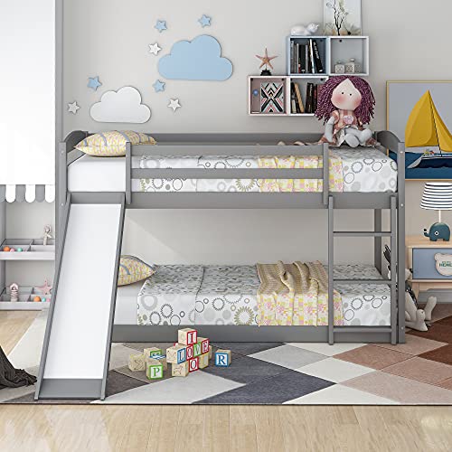 Twin Over Twin Bunk Bed with Convertible Slide and Ladder,Solid Pinewood Bed Frame, Low Bunk Bed with Safety Guardrails, Suitable for Kids Teen, No Box Spring Needed, White
