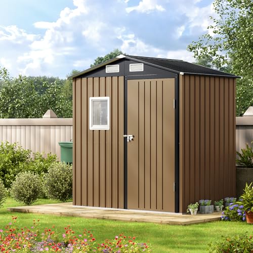 10X12X7.5 FT Outdoor Steel Storage Shed with Lockable Doors, 2 Windows, Transparent Roof Panels (Wood Panels & Frame Floor Not Included), Ideal for Patio Storage,Garbage Can, Chicken Coop，Brown