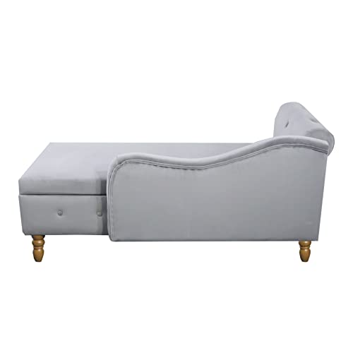 58" Modern Velvet Chaise Lounge Indoor,Upholstered Lounge Chair with Storage & Pillow, Rolled Arm Lounge Sofa for Living Room Bedroom Office (Gray)