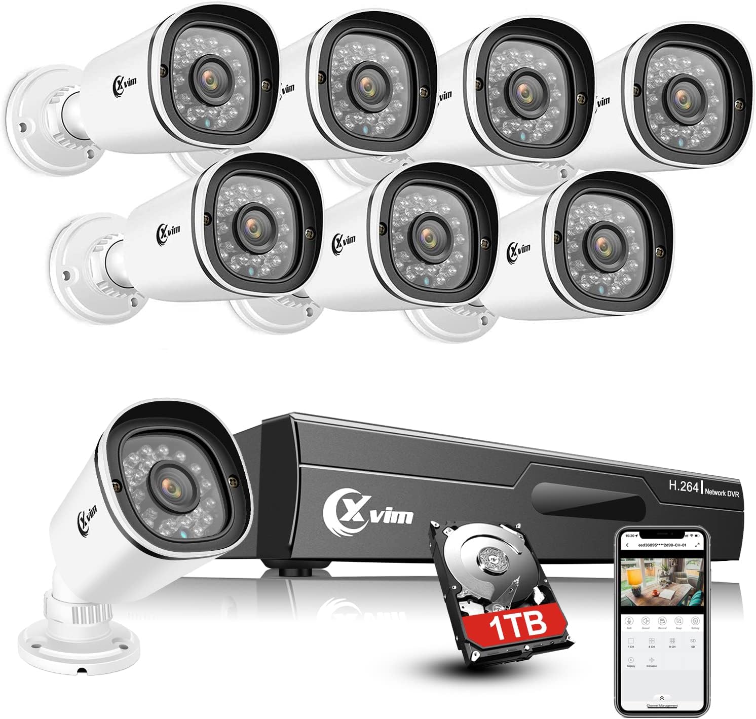 XVIM Wired Security Camera System - 8CH 1080P Home Security Camera System DVR, 8pcs HD Home Surveillance Cameras, IP66 Outdoor CCTV Camera System, Night Vision, Motion Detect, APP Access,1TB HDD