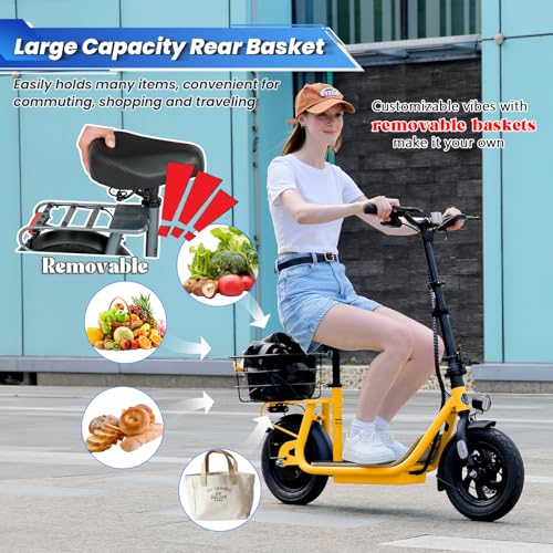 Caroma Peak 800W/1200W Electric Scooter Adults, 30 Miles Max Range, Foldable Electric Scooter with Seat, Front Suspension, Detachable Large Basket,Commuter E-Scooter for Adult and Teens