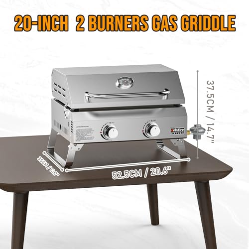 Onlyfire Flat Top Gas Griddle, 2-Burner Tabletop Propane Gas Grill Griddle, Portable Griddle for Outdoor Cooking Kitchen, Tabletop Griddle for BBQ Grill Camping Tailgating RV, Stainless Steel