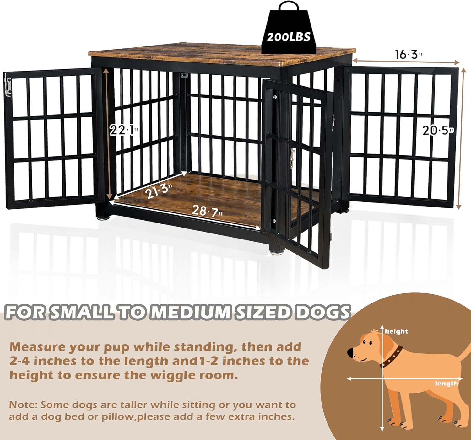 TADASA 32'' Wood Dog Crate Furniture, Decorative Small to Medium Dog Kennel with Double Doors, Wooden Indoor Heavy Duty Dog Cage End Table with Leg Levelers, Rustic Brown and Black
