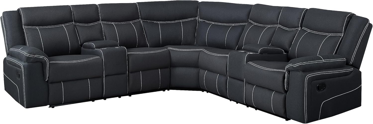 Manual Motion Sectional Sofa Living Room Furniture Sets L-Shaped Corner 5 Seaters Recliner Sofa&Couch Curved Upholstered Couch with 2 Console Storage and 4 Cup Holders for Home Theater, Black