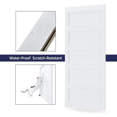 34in x 84in Sliding Barn Door with 6ft Barn Door Hardware Kit & Handle, Pre-Drilled Holes Easy Assembly -Solid Barn Door Slab Covered with Water-Proof PVC Surface, White, 5 Panel