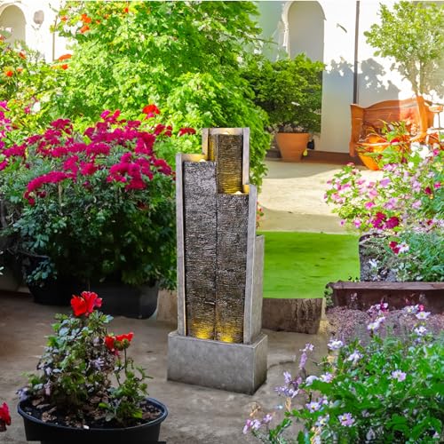 Water Fountain Outdoor Garden Fountains - 39.3"H Modern Cascading Floor-Standing Indoor Waterfall Fountain with Led Lights and Pump Water Fountains Indoor for Office, Houses, Garden, Patio
