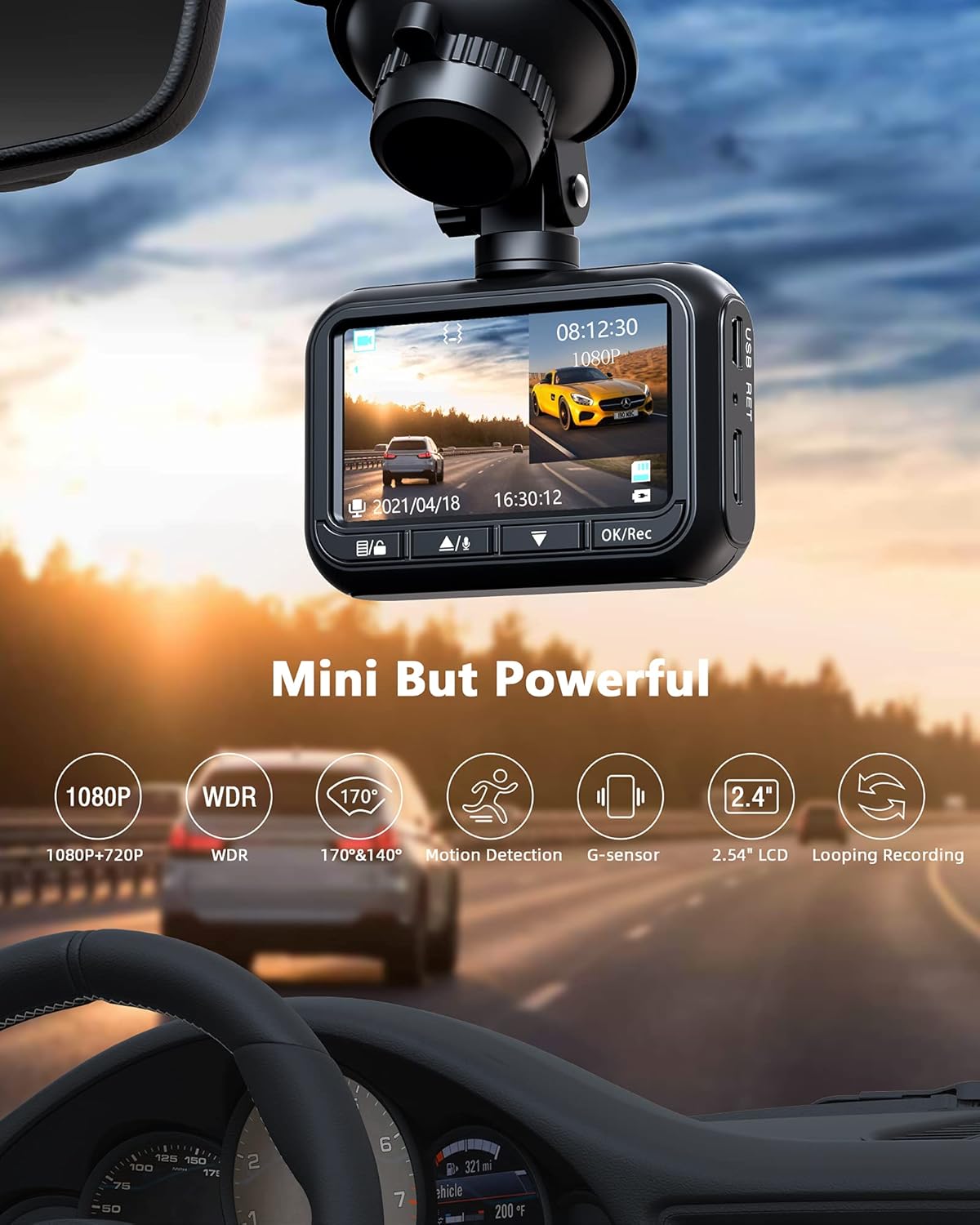 Dash Camera for Cars 1080P Full HD Dual Dash Cam Front and Rear, 2.45" IPS Screen in Car Camera with Waterproof Backup cam,170°Wide Angle WDR Motion Detection Parking Monitor G-Sensor Pack of 2