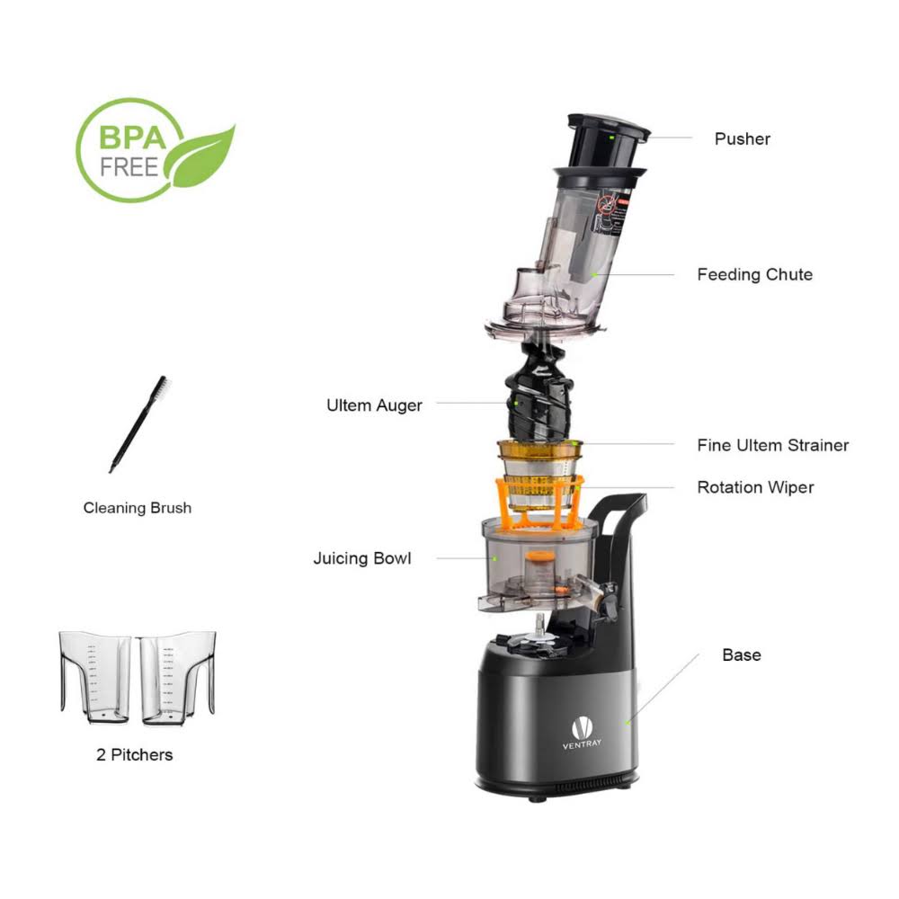 Ventray Masticating Juicer - Slow Cold Press Juice Maker - Black