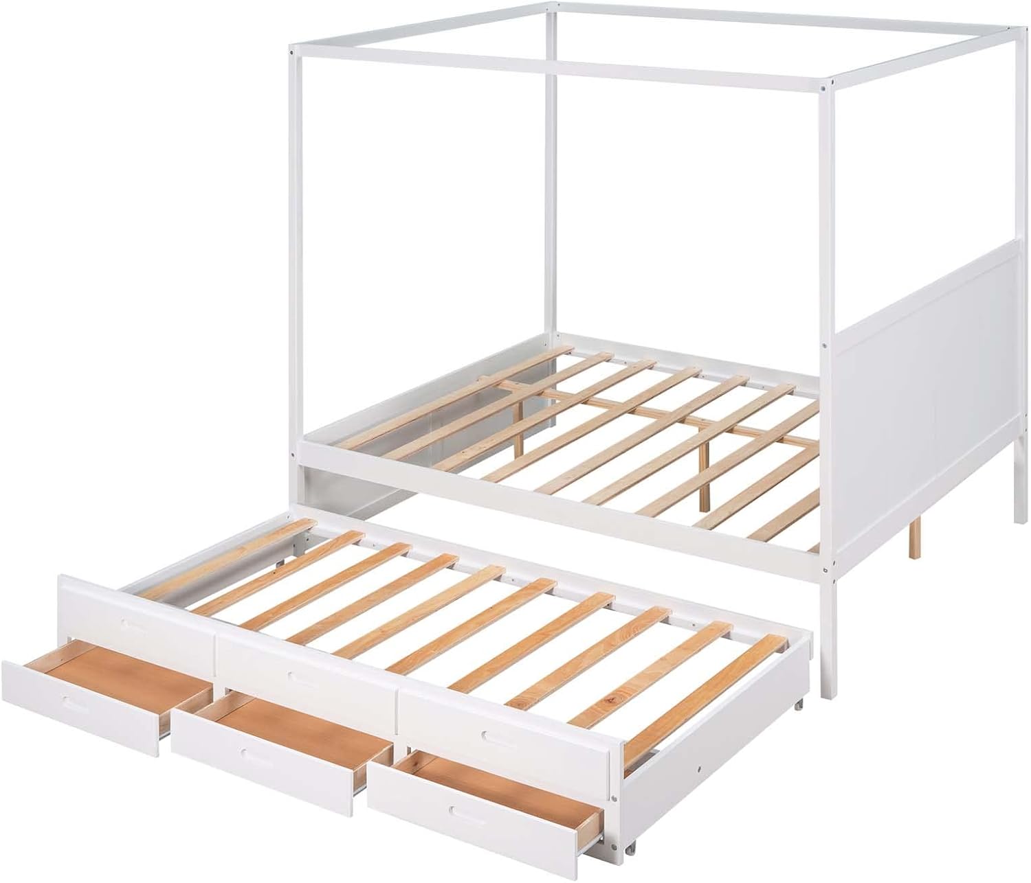 Queen Size Wood Canopy Platform Bed with Twin Size Trundle Bed and 3 Storage Drawers, Sturdy Wood Slats Support, No Box Spring Required, Simple Assembly for Boys Girls Teenagers and Adults, White