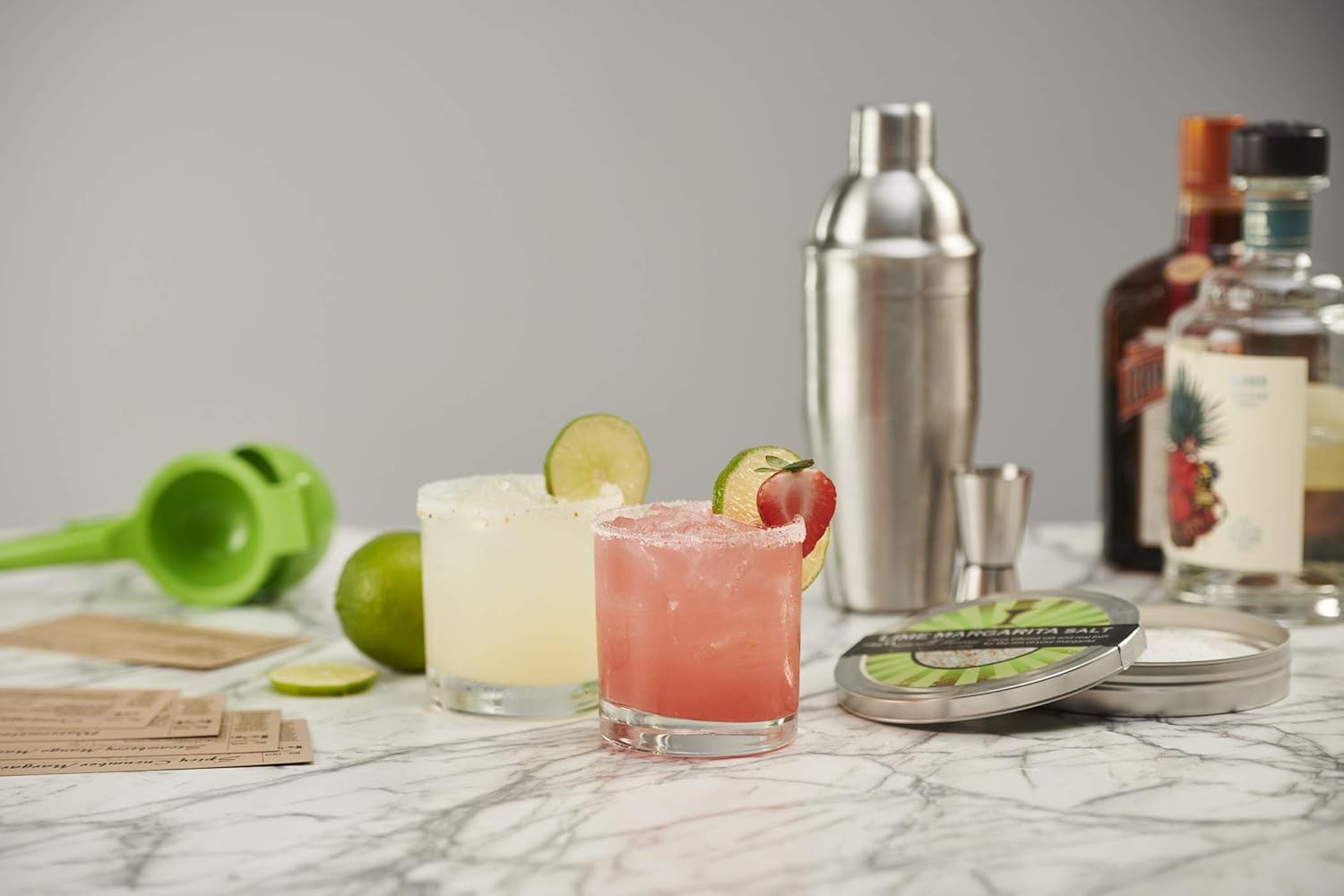Margarita Cocktail Kit - Set of Rocks Glasses | Stainless Cocktail Shaker & Jigger | Citrus Squeezer | Rokz Lime Infused Margarita Salt | Recipe Cards. Accessories to Craft Perfect Margaritas at Home!