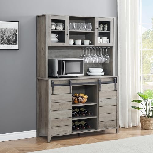 70" Farmhouse Coffee Bar Wine Cabinet with Sliding Barn Doors and Storage, Tall Kitchen Hutch with Wine & Glasses Rack, Pantry Cabinet for Kitchen, Dining Room, White