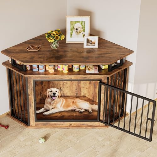 IRONCK 51" Corner Wooden Dog Crate Furniture with 2-Tier Shelves, Pet Kennel for Large Dogs, Space-Saving Dog Cage Indoor, Rustic Brown (26.7" L x 51.2" W x 33.5" H)