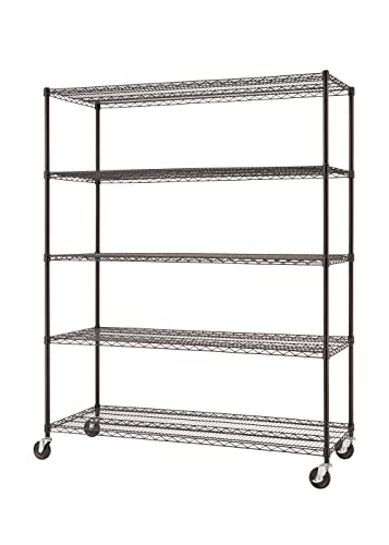 TRINITY BASICS 5-Tier Adjustable Wire Wheels for Kitchen Organization, Garage Storage, Laundry Room, NSF Certified, 600 to 2250 Pound Capacity, 60” by 24” by 77”, 5 shelves 72" tall, Black