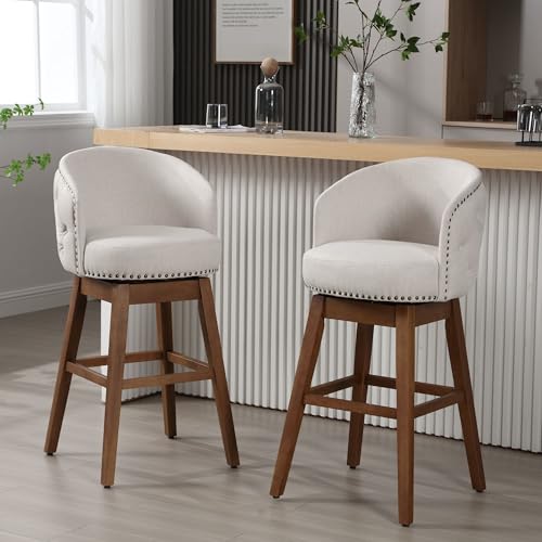 Swivel Bar Stool Set of 2,Modern Linen Counter Stools,29" Swivel Bar Chairs with Wood Base for Kitchen Island,Pub,Cafe（Grey）