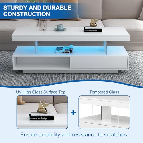 LED Coffee Table with Storage, LED Coffee Tables for Living Room, High Gloss Coffee Table with LED Lights, Modern Center Table with Open Display Shelf & 2 Sliding Drawers (Black)
