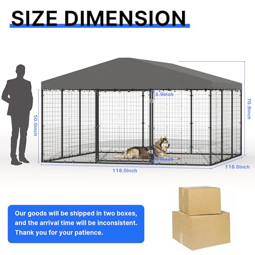 Kurapika Large Outdoor Dog Cage, Heavy-Duty Kennel Enclosure with Weatherproof UV-ResistantCover, Zinc-Coated Steel Barrier Fence with Dual Safety Lock for Yard & Patio (118" L x 118" W x 70.9" H)