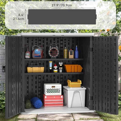 YITAHOME Outdoor Storage Cabinet with 2 Shelves, Waterproof Resin Horizontal Tool Shed, Lockable 15 cu. ft. Storage Shed for Patio, Garden, Yard, Dark Gray