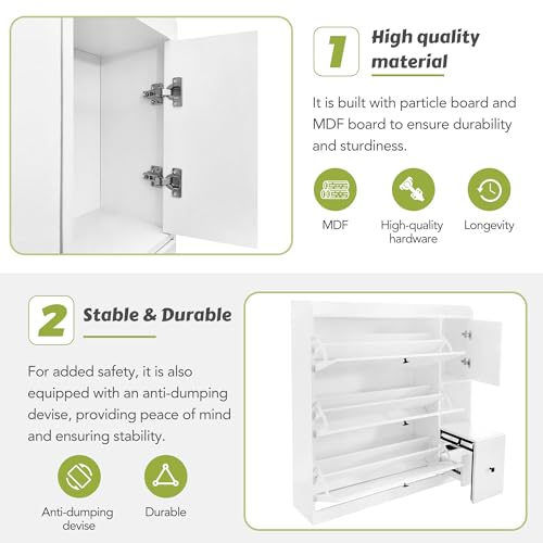 Entryway Shoe Storage Cabinet Slim with 3 Flip Drawers, Modern Slim Hidden Shoe Cabinet, Free Standing Shoe Rack for Entryway 24 Pair Shoes with Pull-Down Seat for Hallway (Black)
