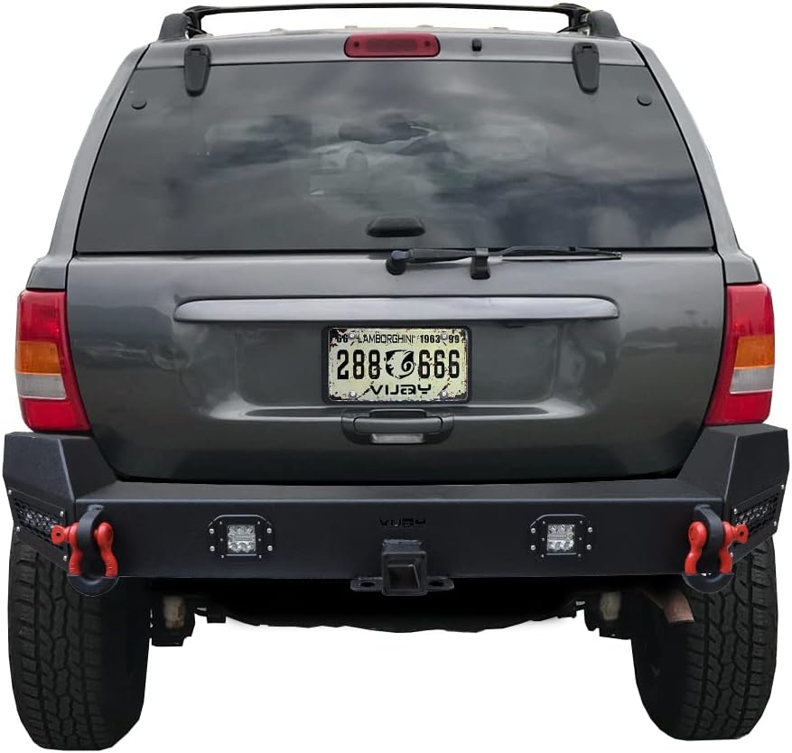 Ronghui WJ Textured Black Steel Rear Bumper with Spare tire rack and 2'' Hitch Receiver Compatible with 1999-2000-2001-2002-2003-2004 Grand Cherokee WJ