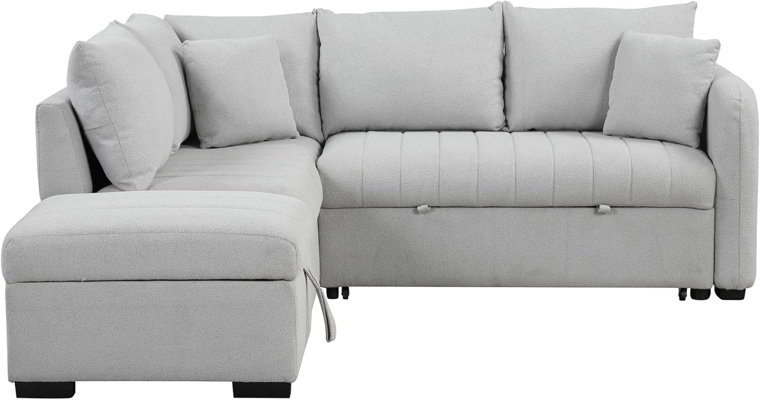82.6" L-shaped Sectional Pull Out Sofa Bed Sleeper Sofa with Two USB Ports, Two Power Sockets and a Movable Storage Ottoman, Gray