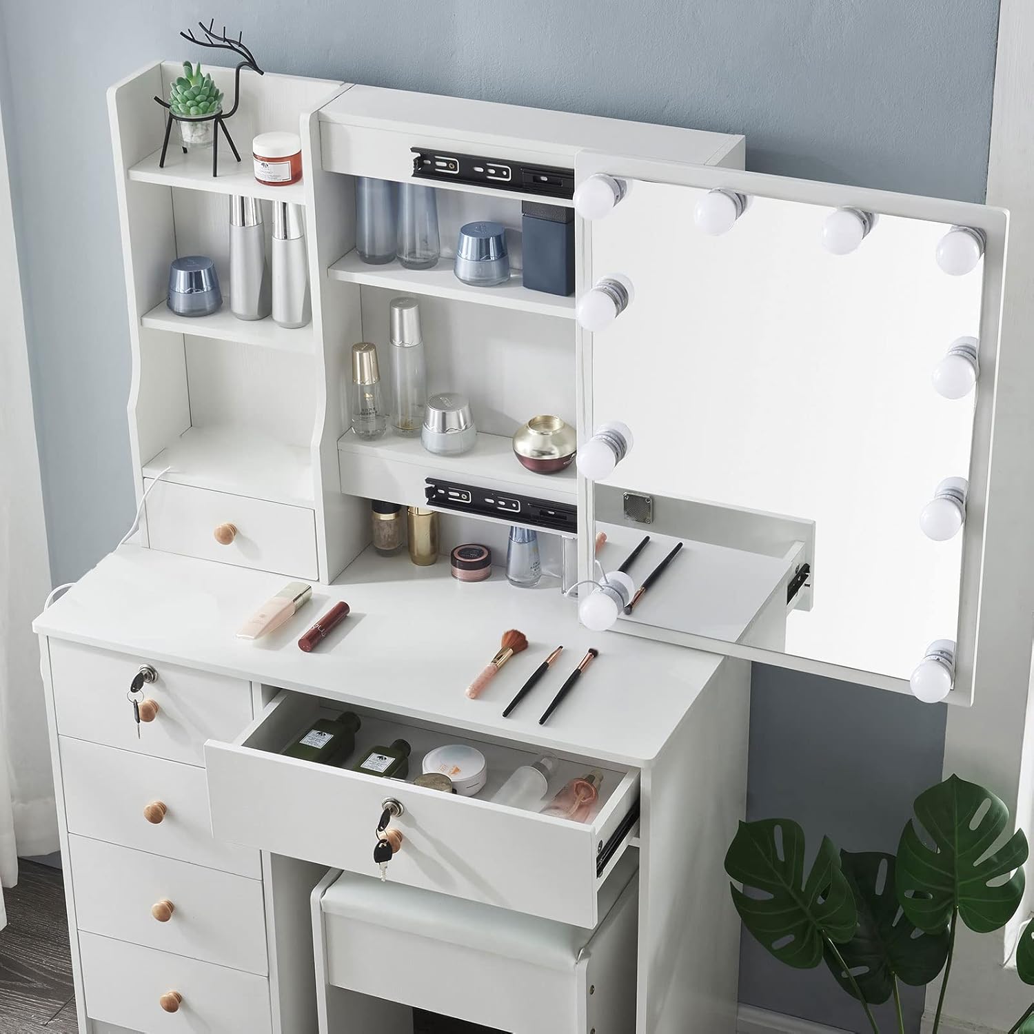 Vanity Desk with Lights,Makeup Vanity with Drawers, Vanity Set 3 Lighting Modes Brightness Adjustable, Dressing Table with Cushioned Stool for Bedroom (Modern LU05), 80*40*130CM, White