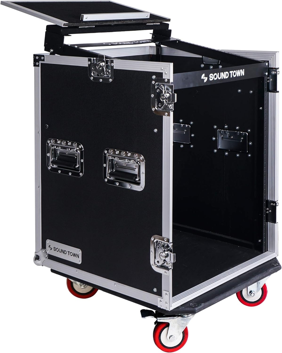 Sound Town 14U PA DJ Rack/Road ATA Case with 11U Slant Mixer Top, 20���� Rackable Depth, DJ Work Table and Casters, 14 Space Size, Pro Tour Grade (STMR-14UWT)