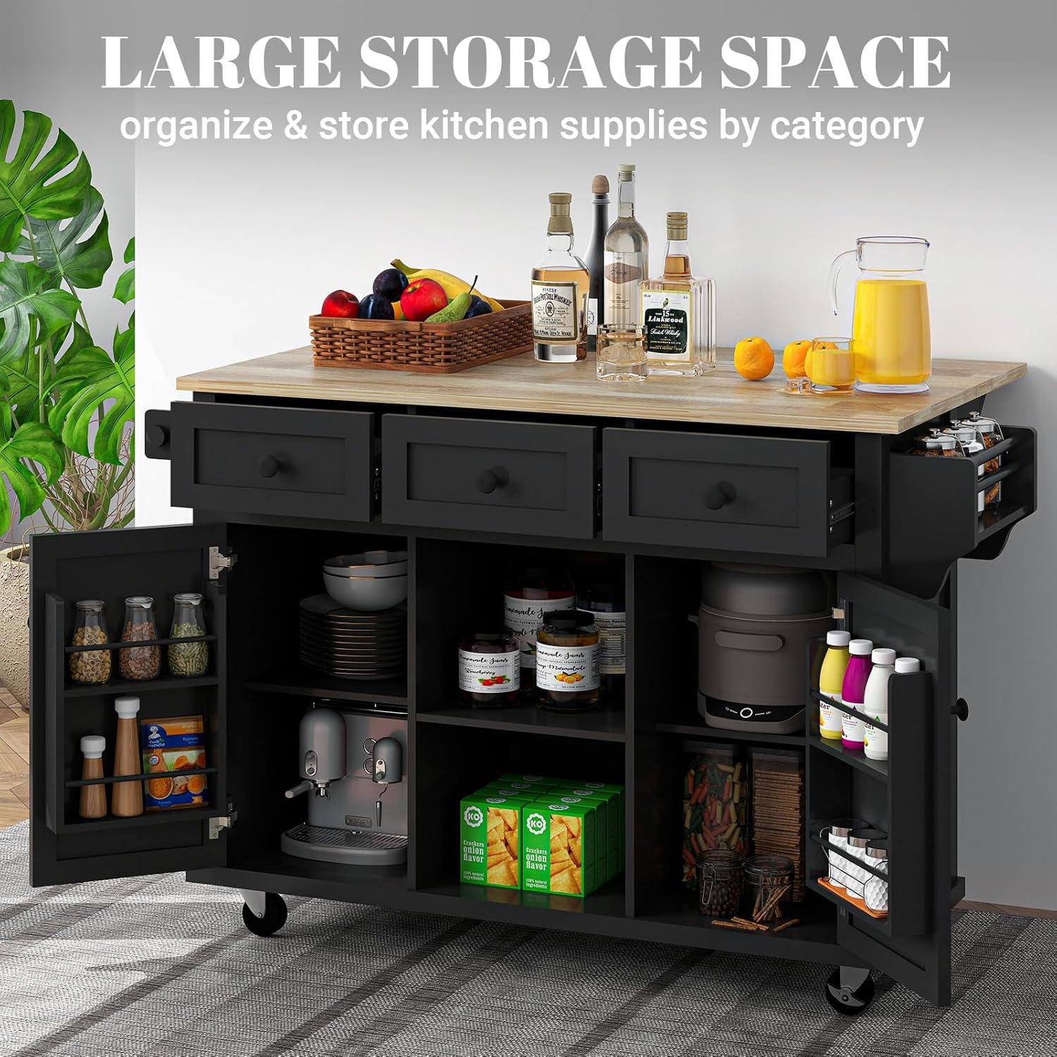 Rolling Kitchen Island with Drop Leaf Rolling Mobile Kitchen Island with Storage 53in Wood Portable Island for Kitchen,with Drawer and Storage Cabinet, Spice Rack, Towel Rack, Black