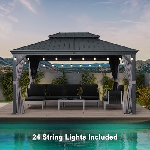 PURPLE LEAF 10' X 14' Permanent Hardtop Gazebo Aluminum Gazebo with Galvanized Steel Double Roof for Patio Lawn and Garden, Curtains and Netting Included, Grey