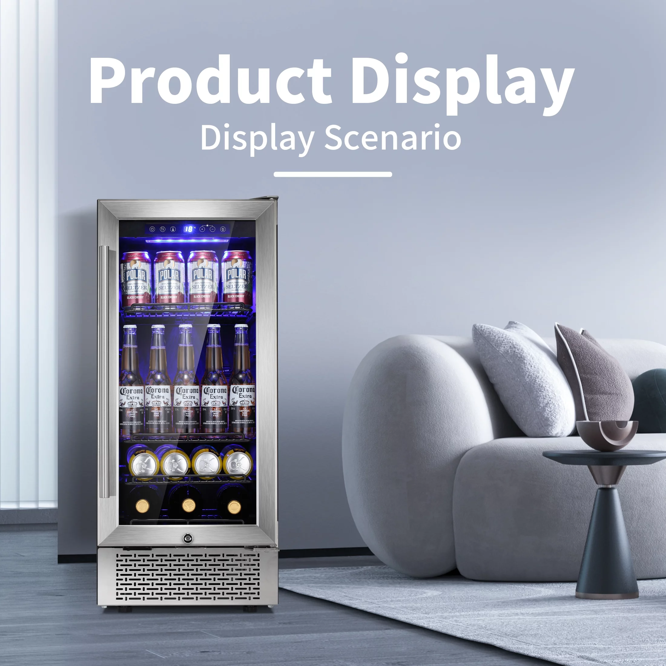 Auseo 15 inch Beverage Refrigerator, Built-in Wine Cooler, Mini Beverage Fridge, Clear Glass Door, Digital Memory Temperature Control, Beer Soda LED Light& Quiet Operation