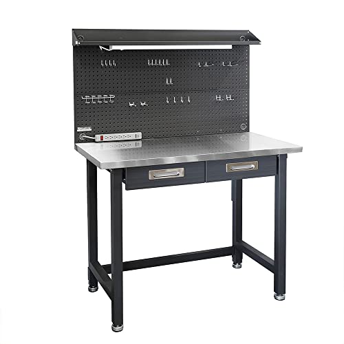 Seville Classics UltraHD Heavy Duty Commercial Lighted Workcenter w/Pegboard, 500 lbs. Weight Capacity for Garage, Warehouse, Workshop, Stainless Steel Top, Granite, 48" W x 24" D x 65.5" H