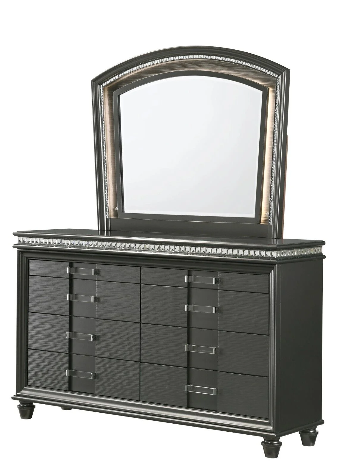 Modern Luxury Glam Style 4pc Bedroom Furniture Set LED Panel Queen Bed Dresser Mirror Nightstand Set Wooden Fabric