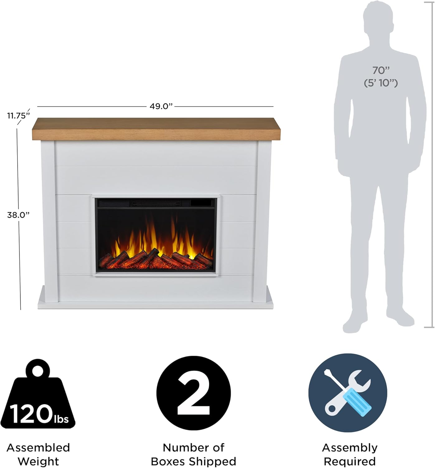 Real Flame Marshall 49" Slim Electric Fireplace with Mantel for Living Room or Bedroom, Replaceable Fireplace Insert Heater, Realistic Log and Flame Effect, Remote Control, White