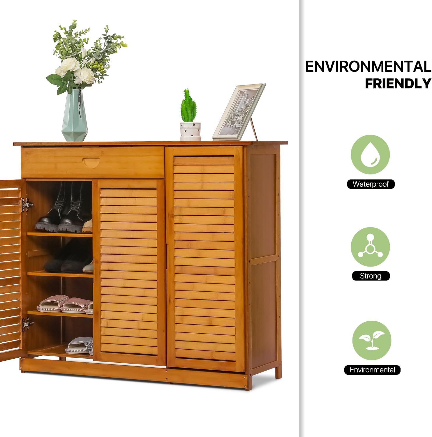 Magshion 4 Tier Bamboo Shoe Storage Cabinet with Drawer & Shutter Door - Entryway Freestanding Shoe Cabinet Organizer Storage Rack Organizer Rack for Narrow Closet, Hallway, Living Room (Brown)