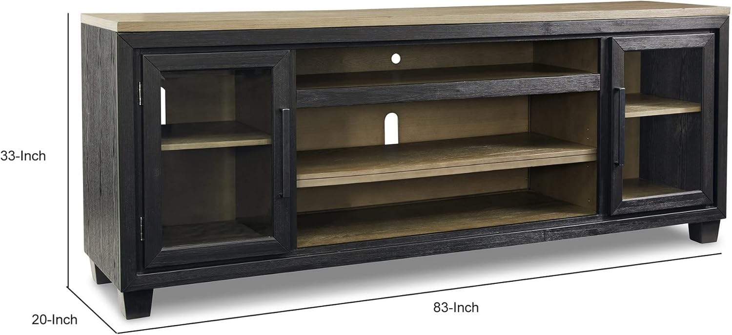 Benjara 83 Inch TV Entertainment Media Console, 2 Door, Wood, Glass, Black and Brown