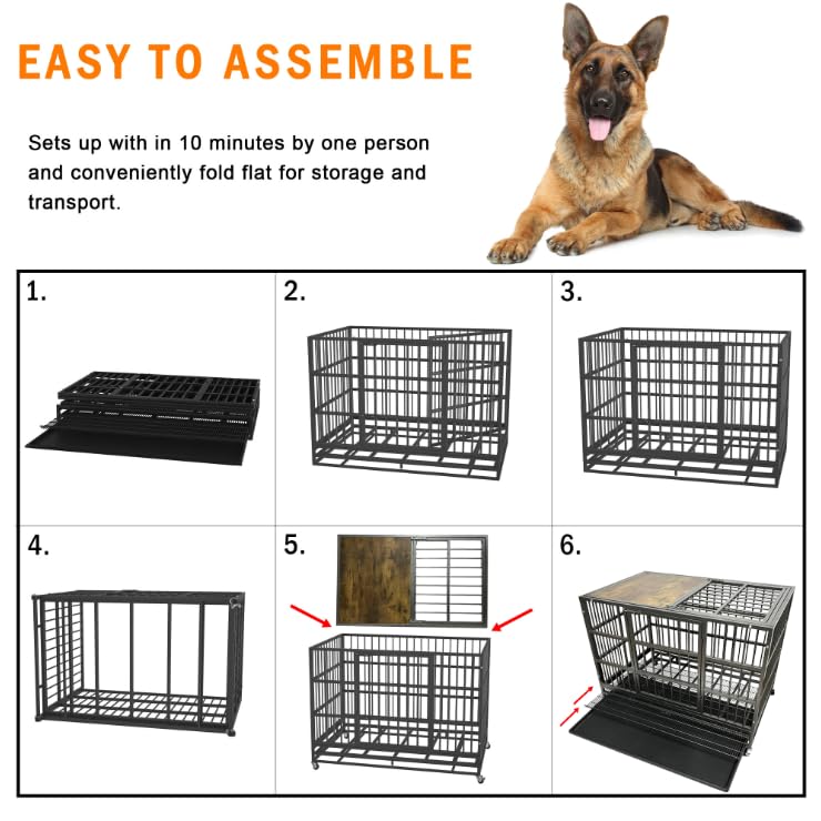 54/48/42/38 Inch Heavy Duty Dog Crate Cage with Stylish Woodtop, Indestructible Steel Kennel Indoor for High Anxiety Dogs with Sturdy Locks, Wheels, Double Door and Tray, Extra Large XL XXL