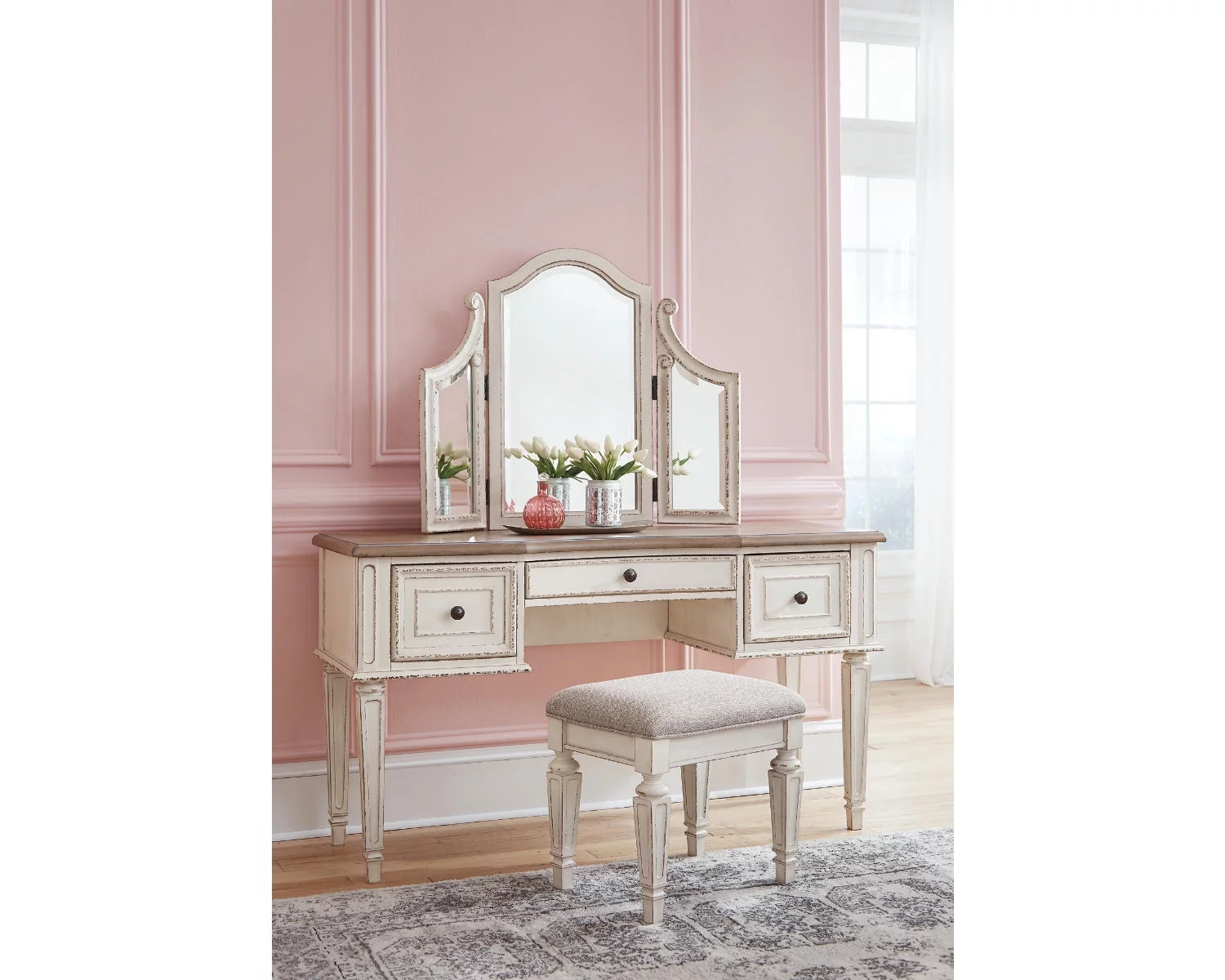 Signature Design by Ashley Casual Realyn 3 Drawer Vanity and Mirror with Stool, Two-tone