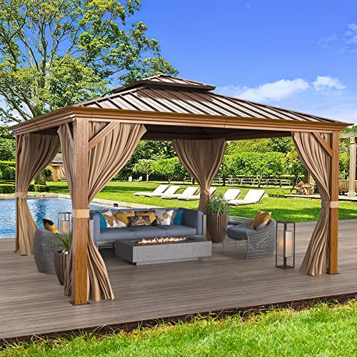MELLCOM 12'x16' Hardtop Gazebo, Galvanized Steel Metal Double Roof Canopy with Curtains and Netting, Brown Permanent Pavilion Gazebos with Aluminum Frame for Garden, Patio, Lawns, Deck